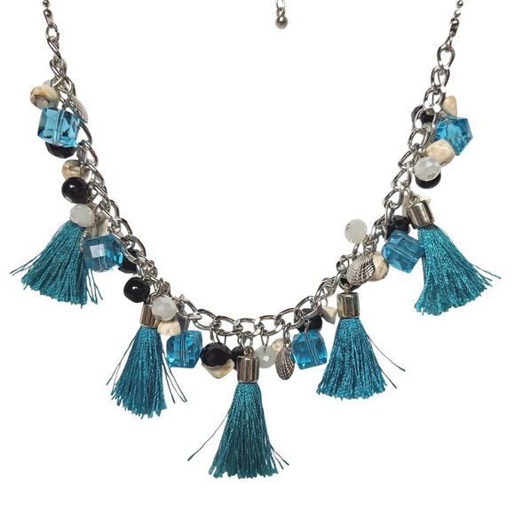 Charming Charlie Silver Tone Necklace Teal Aqua Blue Tassel Beaded Square Shell - Picture 1 of 4